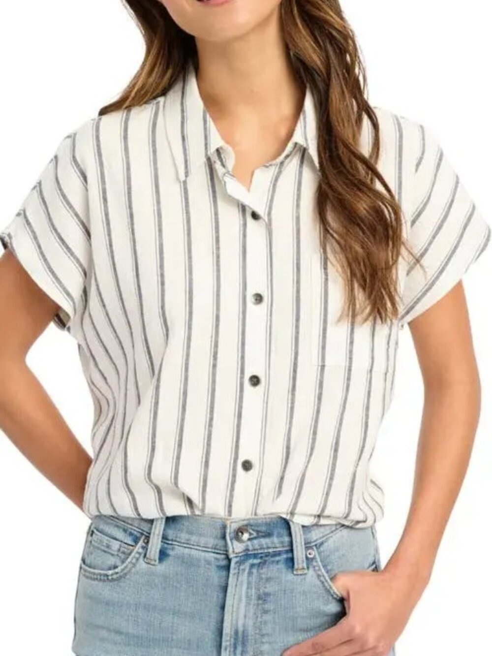 Splendid Thira Stripe Top Button Up Collar Grey Short Sleeve Size Small